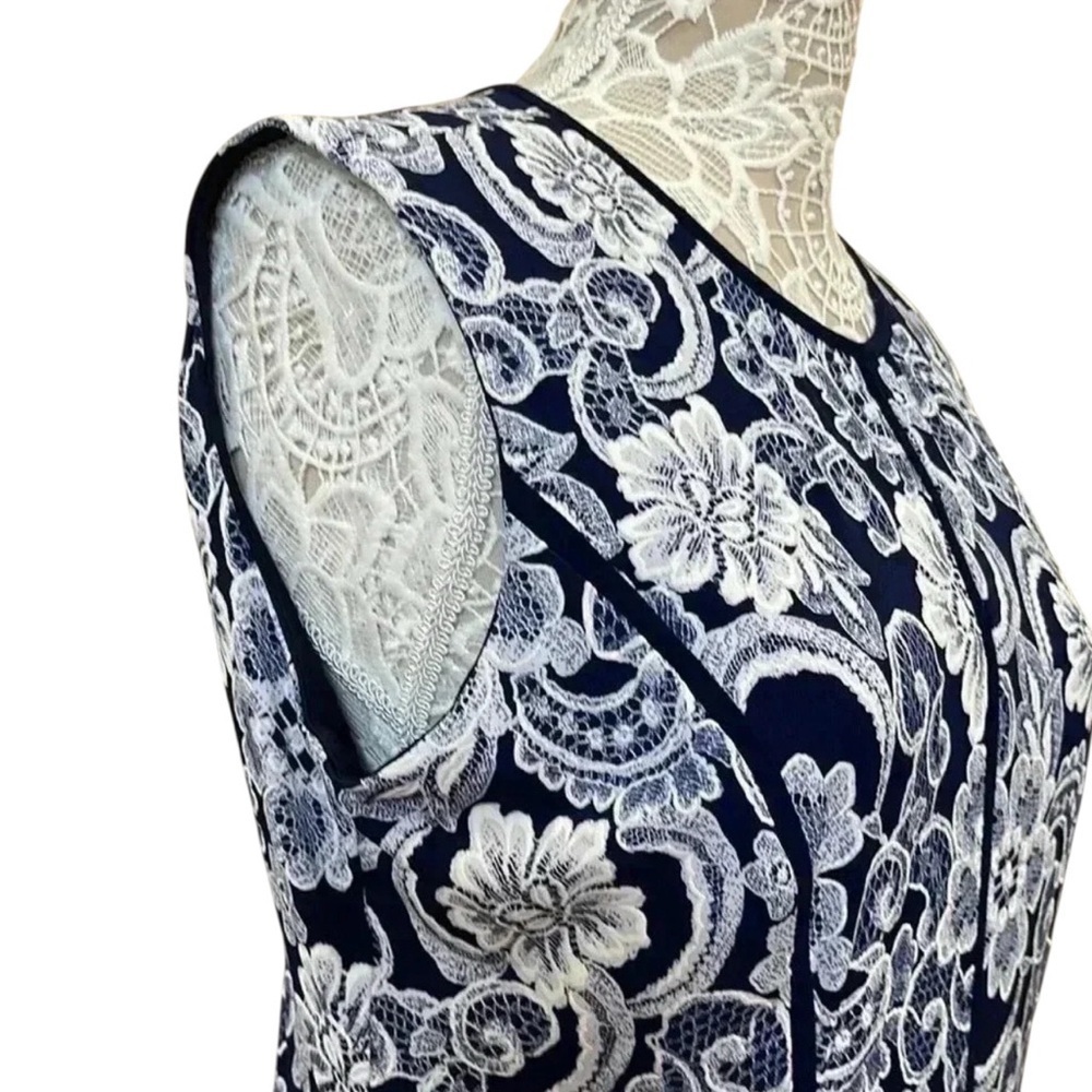 Navy & White Floral Lace Print Sleeveless A-Line Dress - Picture 6 of 8